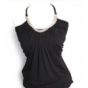 Y2K Black Flowy Halter Top w/ Chunky Chain Detail